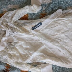 ModCloth Ivory Lace Long-Sleeve Tie-Neck Dress